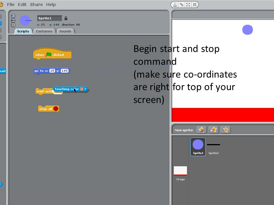 Begin start and stop command (make sure co-ordinates are right for top of your screen)