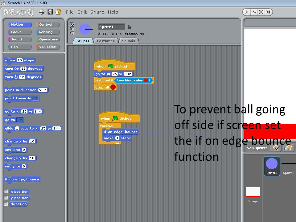 To prevent ball going off side if screen set the if on edge bounce function