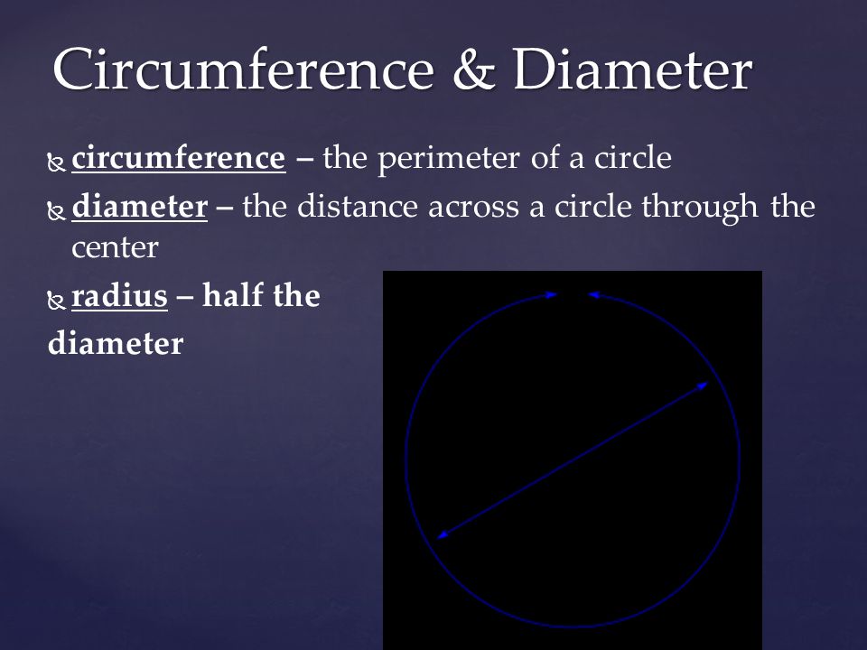   circumference – the perimeter of a circle   diameter – the distance across a circle through the center   radius – half the diameter Circumference & Diameter
