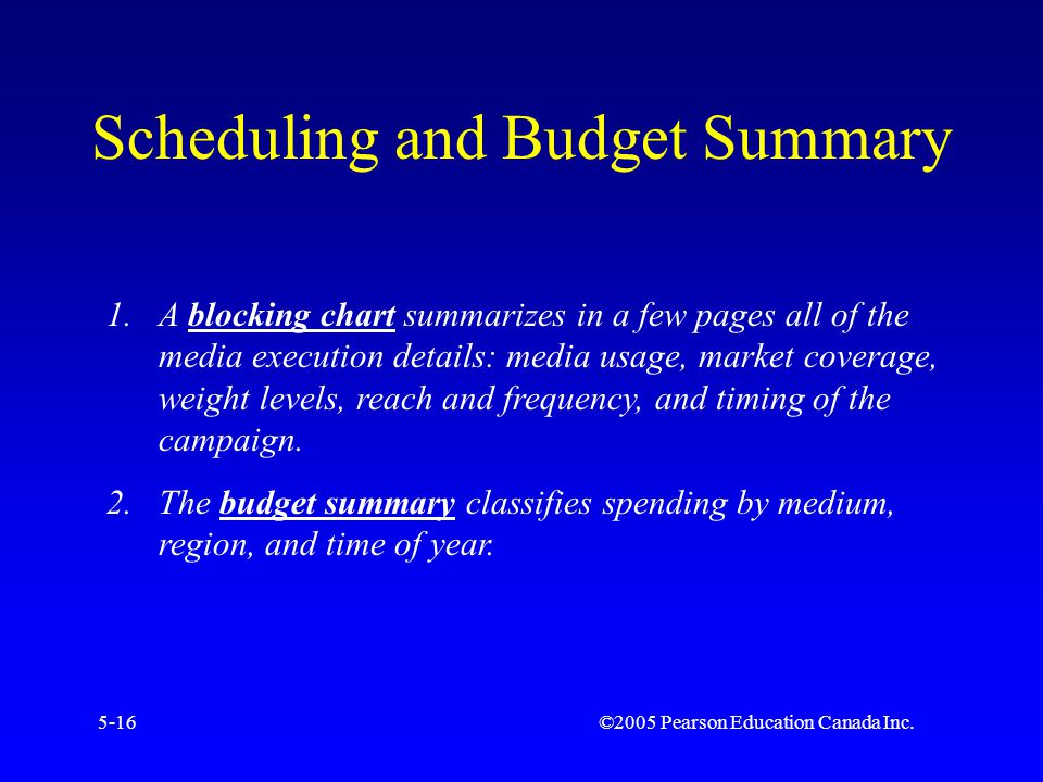 ©2005 Pearson Education Canada Inc.5-16 Scheduling and Budget Summary 1.A blocking chart summarizes in a few pages all of the media execution details: media usage, market coverage, weight levels, reach and frequency, and timing of the campaign.