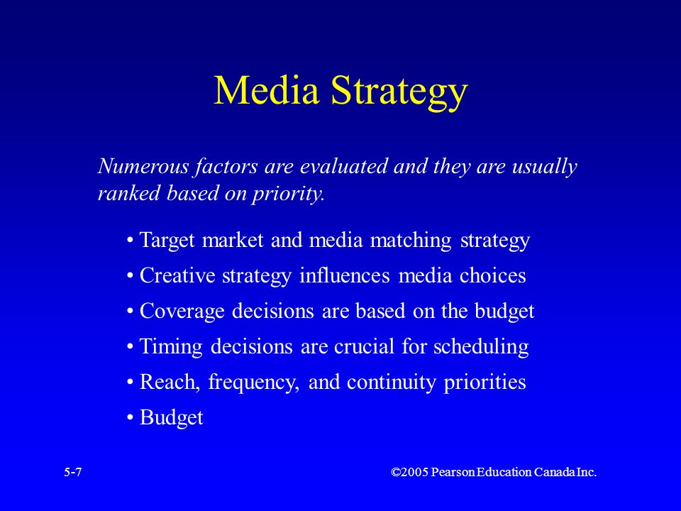 ©2005 Pearson Education Canada Inc.5-7 Media Strategy Numerous factors are evaluated and they are usually ranked based on priority.
