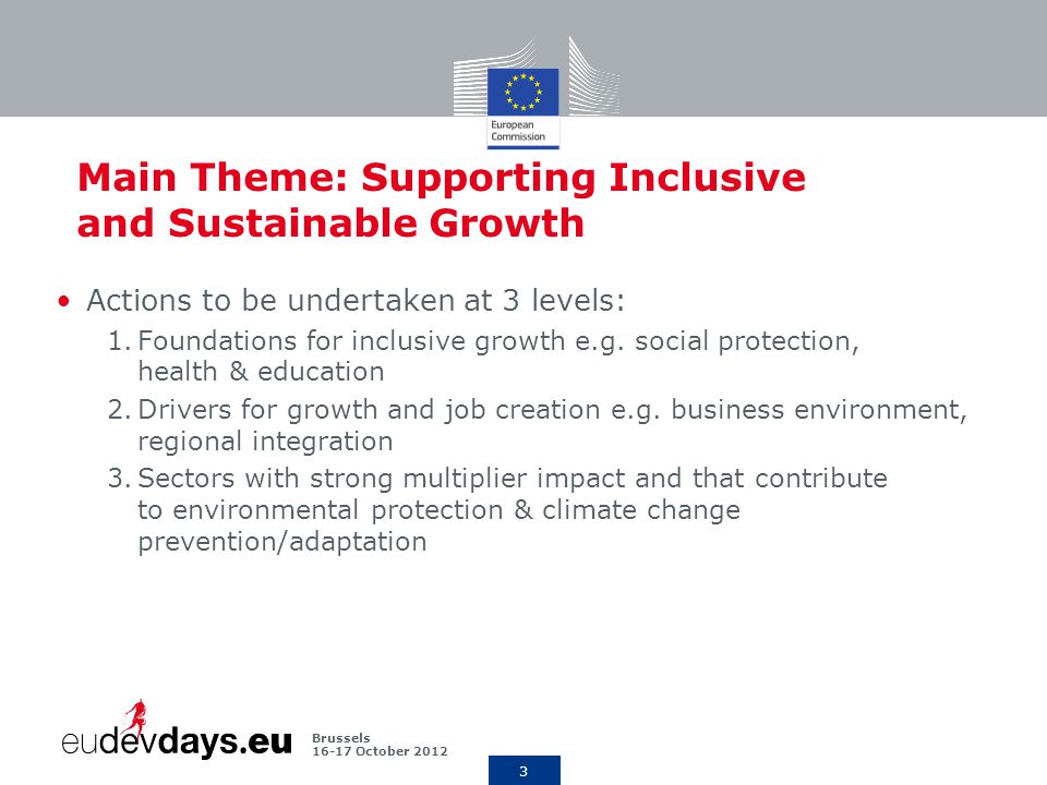 3 Brussels October 2012 Main Theme: Supporting Inclusive and Sustainable Growth Actions to be undertaken at 3 levels: 1.Foundations for inclusive growth e.g.