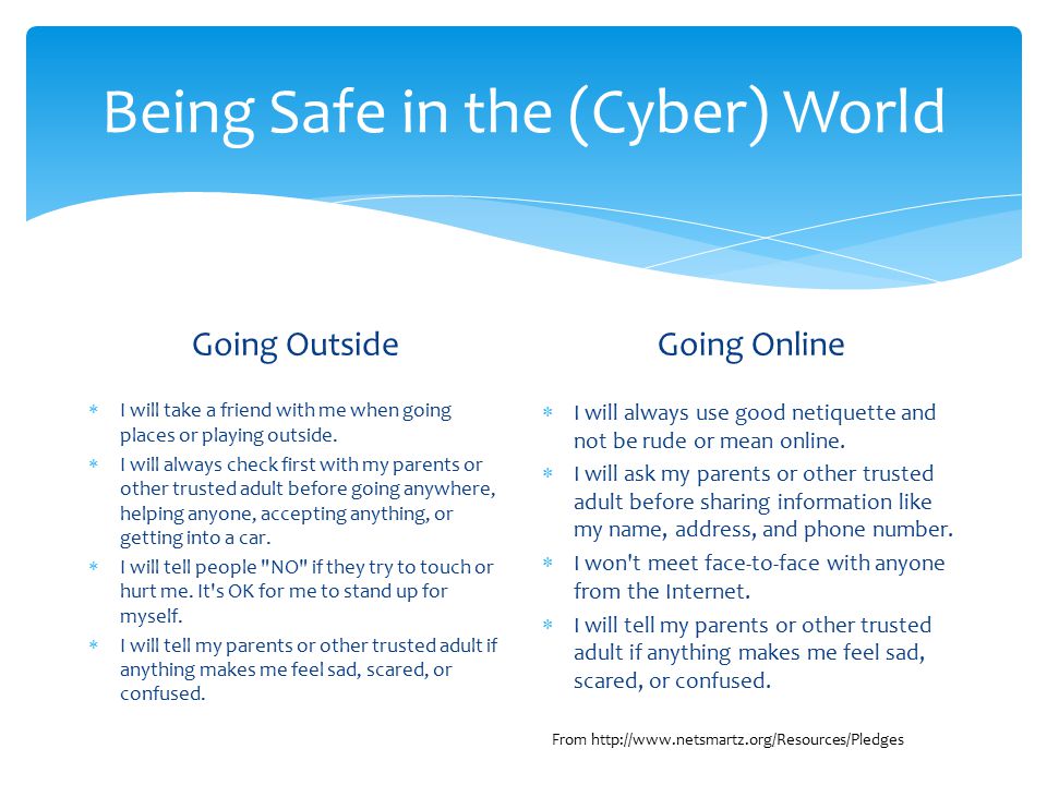 Being Safe in the (Cyber) World Going Outside  I will take a friend with me when going places or playing outside.