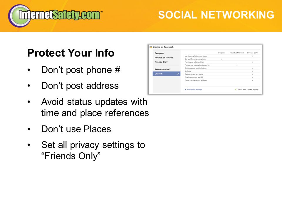SOCIAL NETWORKING Protect Your Info Don’t post phone # Don’t post address Avoid status updates with time and place references Don’t use Places Set all privacy settings to Friends Only
