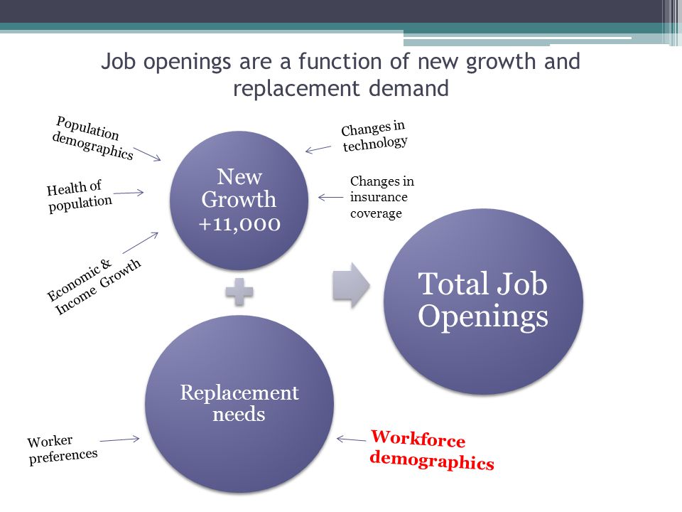 New Growth +11,000 Replacement needs Total Job Openings Job openings are a function of new growth and replacement demand Population demographics Economic & Income Growth Changes in technology Health of population Workforce demographics Worker preferences Changes in insurance coverage