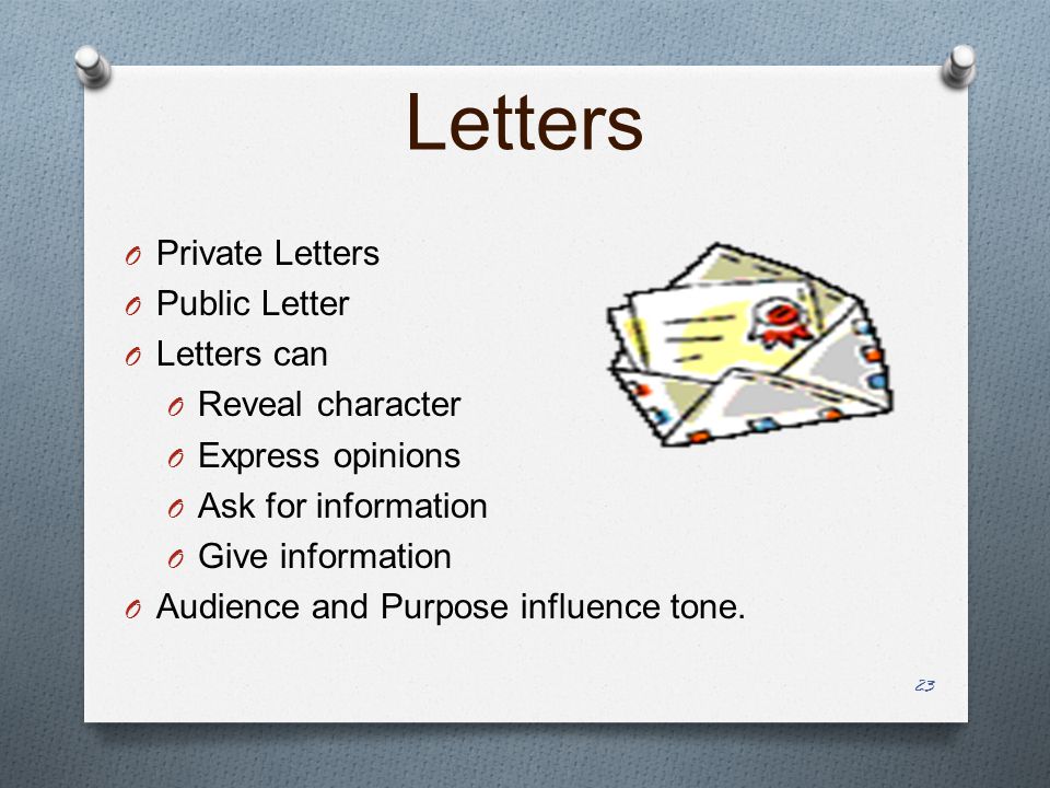 Letters O Private Letters O Public Letter O Letters can O Reveal character O Express opinions O Ask for information O Give information O Audience and Purpose influence tone.