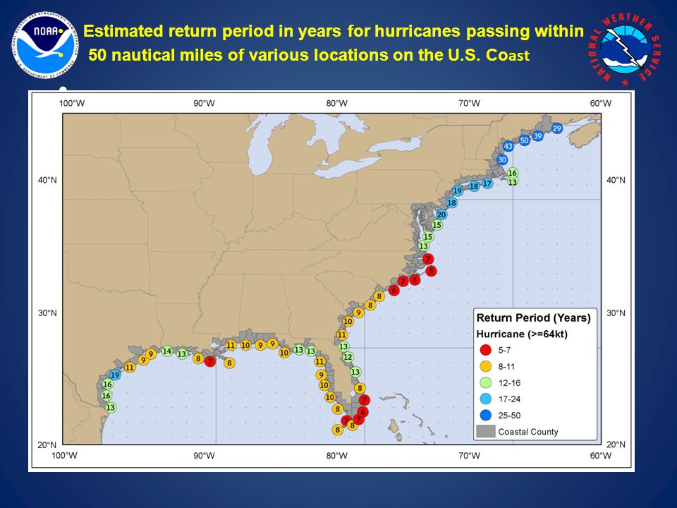 Estimated return period in years for hurricanes passing within 50 nautical miles of various locations on the U.S.