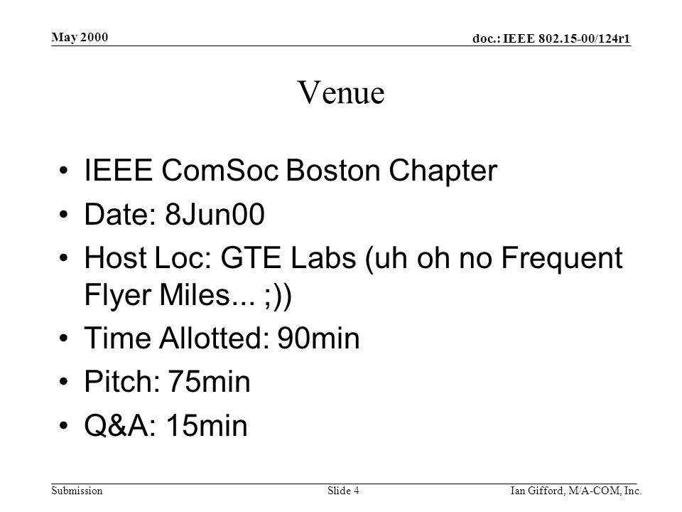 doc.: IEEE /124r1 Submission May 2000 Ian Gifford, M/A-COM, Inc.Slide 4 Venue IEEE ComSoc Boston Chapter Date: 8Jun00 Host Loc: GTE Labs (uh oh no Frequent Flyer Miles...