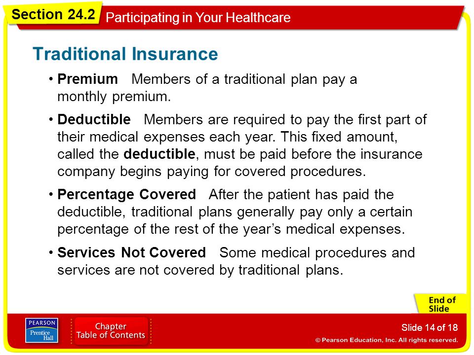 Section 24.2 Participating in Your Healthcare Slide 14 of 18 Premium Members of a traditional plan pay a monthly premium.