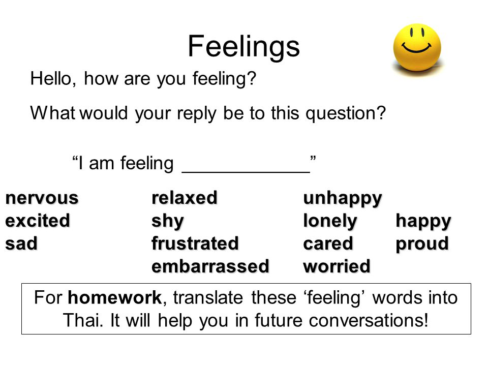 Feelings Hello, how are you feeling. What would your reply be to this question.