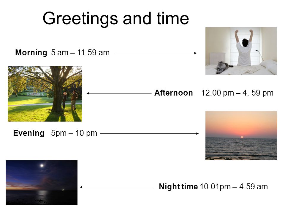 Greetings and time Morning 5 am – am Afternoon pm – 4.