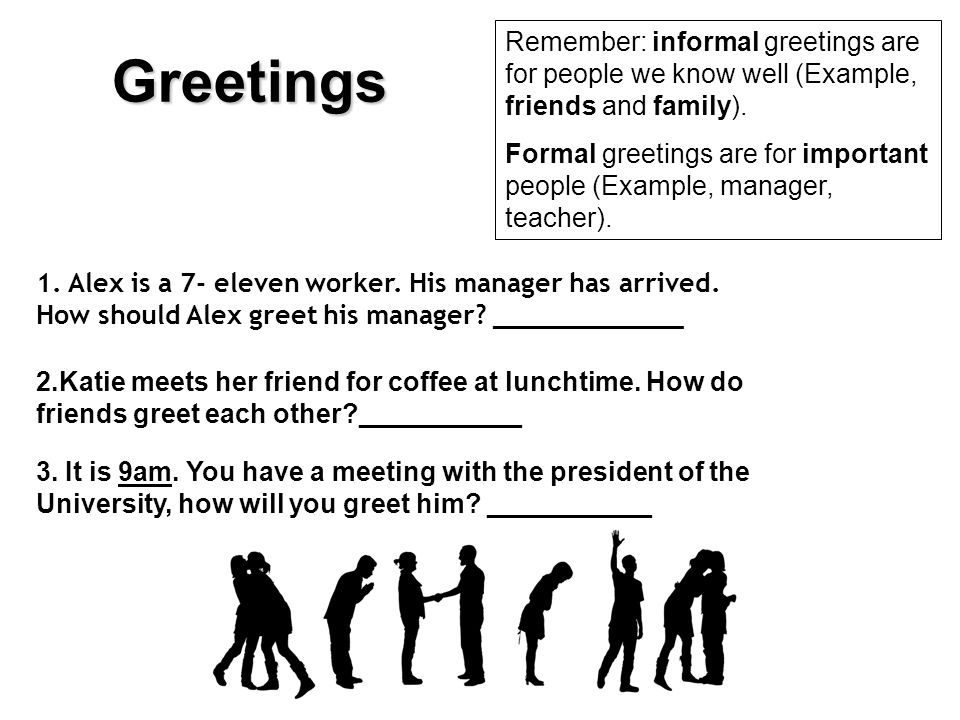 Greetings Remember: informal greetings are for people we know well (Example, friends and family).