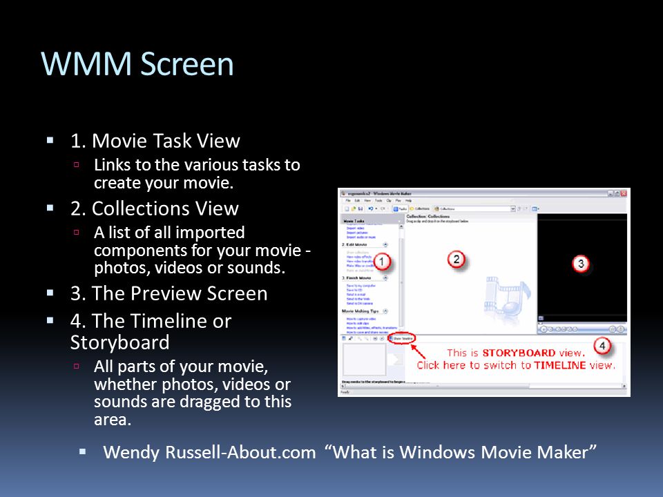 WMM Screen  1. Movie Task View  Links to the various tasks to create your movie.