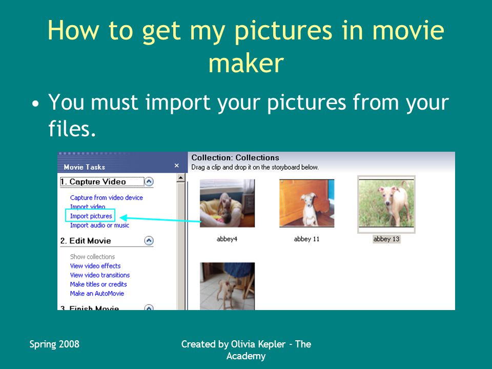 Spring 2008Created by Olivia Kepler - The Academy How to get my pictures in movie maker You must import your pictures from your files.
