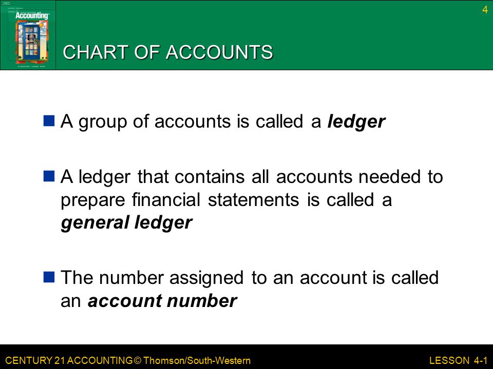 CENTURY 21 ACCOUNTING © Thomson/South-Western CHART OF ACCOUNTS A group of accounts is called a ledger A ledger that contains all accounts needed to prepare financial statements is called a general ledger The number assigned to an account is called an account number 4 LESSON 4-1
