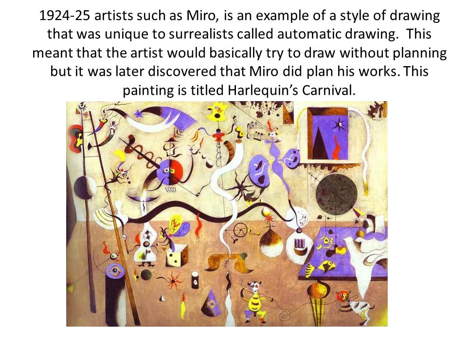 artists such as Miro, is an example of a style of drawing that was unique to surrealists called automatic drawing.