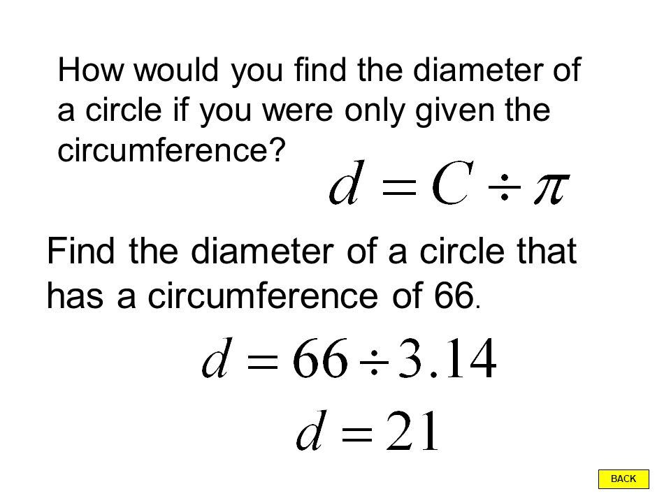 Find the circumference of the circle. You try this one. BACK