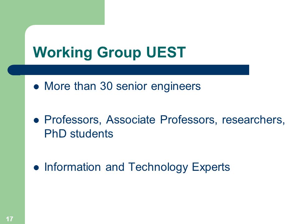 17 Working Group UEST More than 30 senior engineers Professors, Associate Professors, researchers, PhD students Information and Technology Experts
