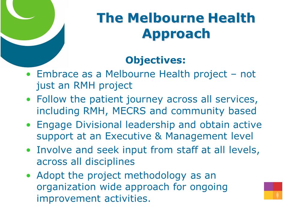 The Melbourne Health Approach Objectives: Embrace as a Melbourne Health project – not just an RMH project Follow the patient journey across all services, including RMH, MECRS and community based Engage Divisional leadership and obtain active support at an Executive & Management level Involve and seek input from staff at all levels, across all disciplines Adopt the project methodology as an organization wide approach for ongoing improvement activities.