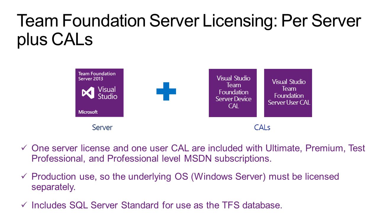 Visual Studio Team Foundation Server Device CAL Visual Studio Team Foundation Server User CAL ServerCALs One server license and one user CAL are included with Ultimate, Premium, Test Professional, and Professional level MSDN subscriptions.
