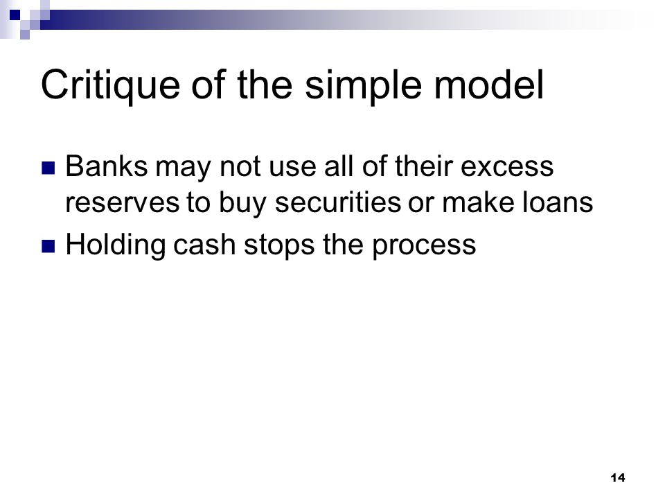 14 Critique of the simple model Banks may not use all of their excess reserves to buy securities or make loans Holding cash stops the process