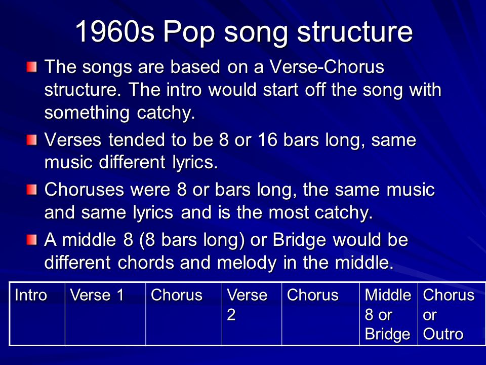 1960s Pop song structure The songs are based on a Verse-Chorus structure.