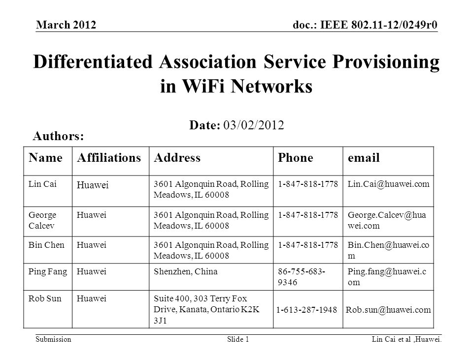 doc.: IEEE /0249r0 Submission March 2012 Slide 1Lin Cai et al,Huawei.