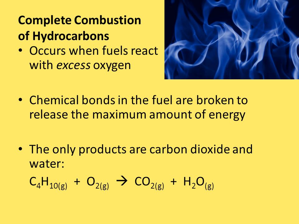 Complete Combustion of Hydrocarbons Occurs when fuels react with excess oxygen Chemical bonds in the fuel are broken to release the maximum amount of energy The only products are carbon dioxide and water: C 4 H 10(g) + O 2(g)  CO 2(g) + H 2 O (g)