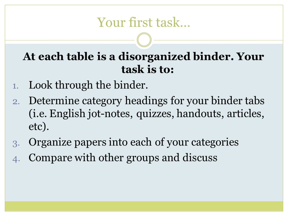 Your first task… At each table is a disorganized binder.