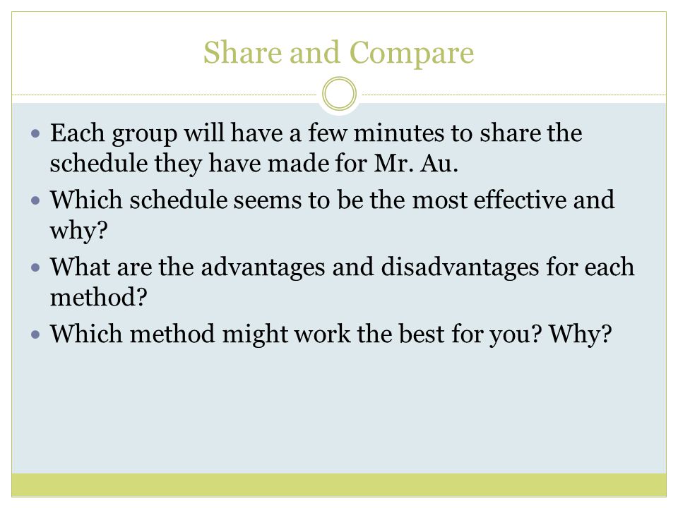 Share and Compare Each group will have a few minutes to share the schedule they have made for Mr.