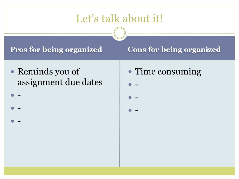 Pros for being organized Cons for being organized Reminds you of assignment due dates - Time consuming - Let’s talk about it!