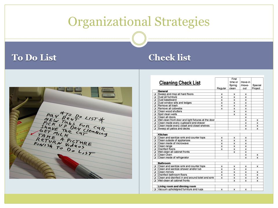 To Do List Check list Organizational Strategies