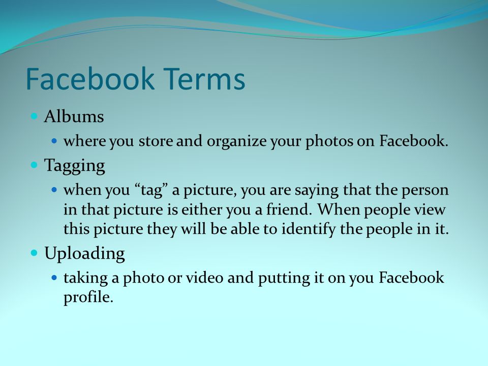 Facebook Terms Albums where you store and organize your photos on Facebook.