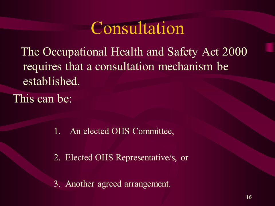 16 Consultation The Occupational Health and Safety Act 2000 requires that a consultation mechanism be established.