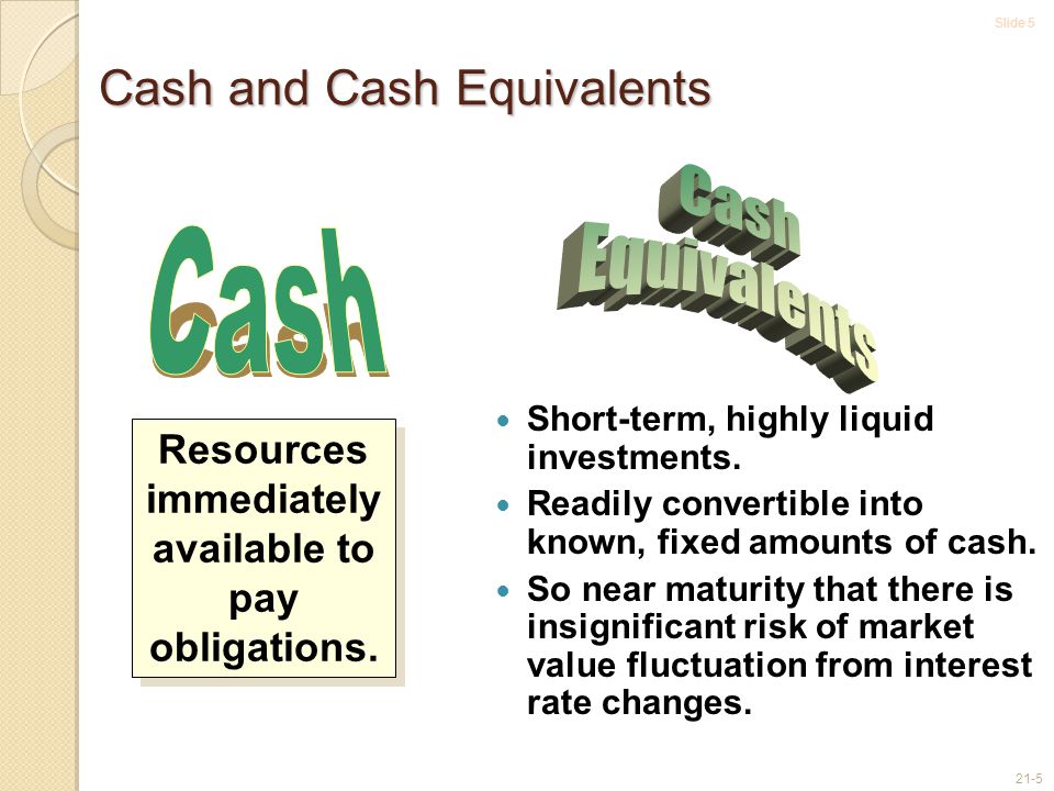 Slide Cash and Cash Equivalents Resources immediately available to pay obligations.