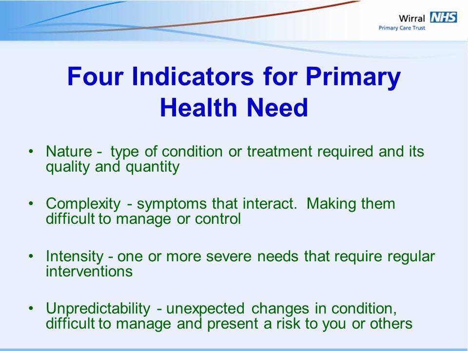 Four Indicators for Primary Health Need Nature - type of condition or treatment required and its quality and quantity Complexity - symptoms that interact.