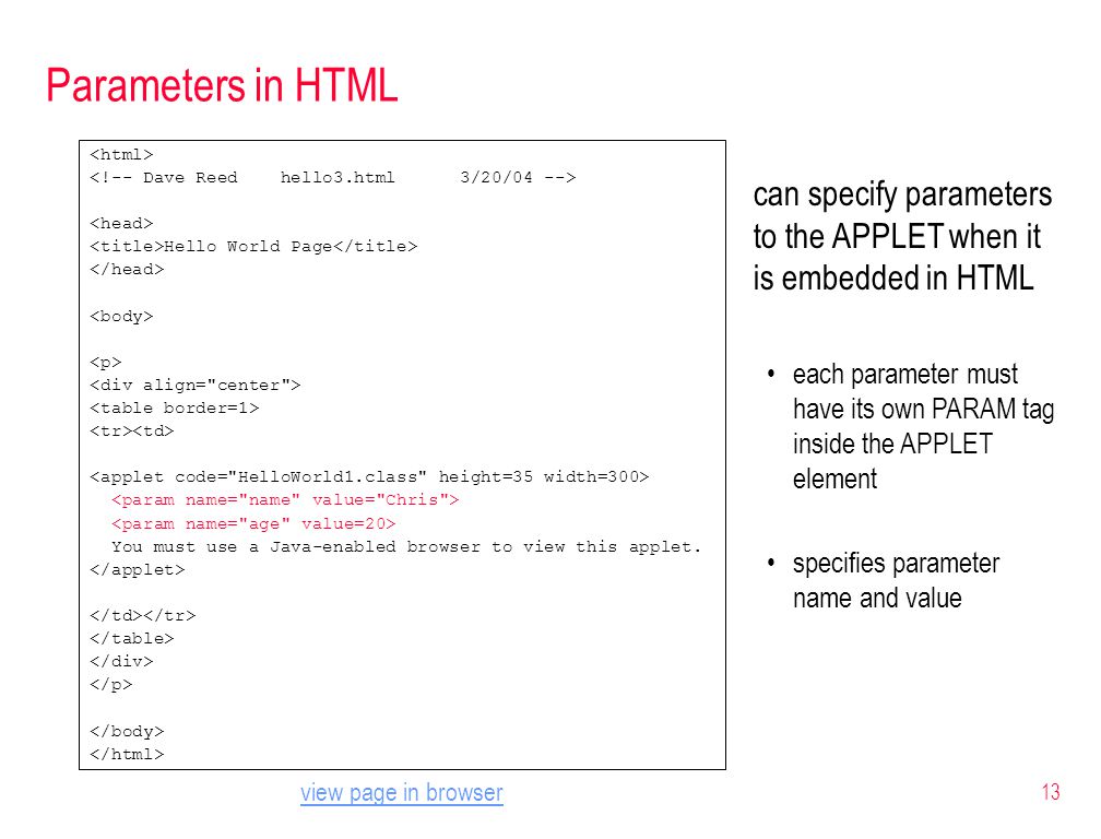 13 Parameters in HTML Hello World Page You must use a Java-enabled browser to view this applet.