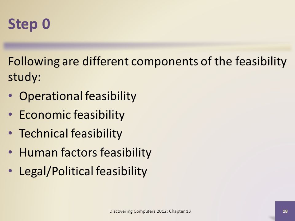 Step 0 Following are different components of the feasibility study: Operational feasibility Economic feasibility Technical feasibility Human factors feasibility Legal/Political feasibility Discovering Computers 2012: Chapter 13 18