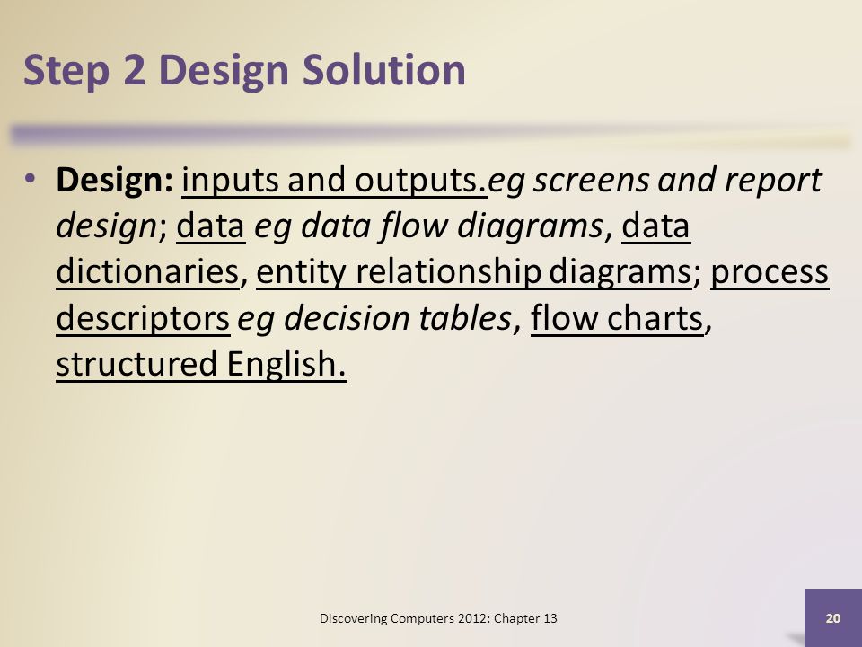 Step 2 Design Solution Design: inputs and outputs.eg screens and report design; data eg data flow diagrams, data dictionaries, entity relationship diagrams; process descriptors eg decision tables, flow charts, structured English.