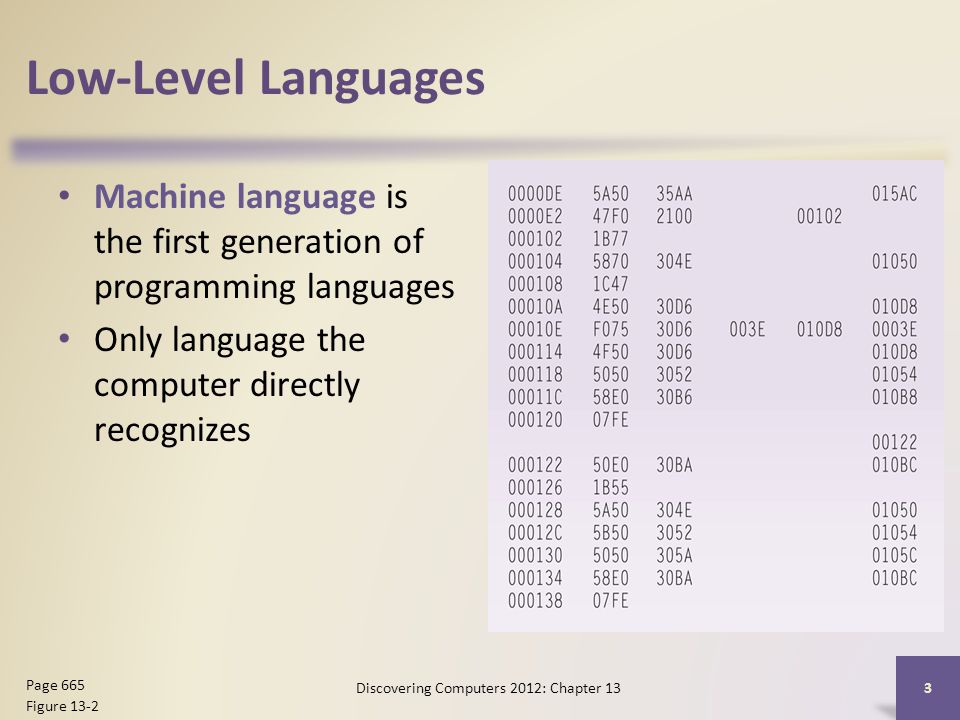 Low-Level Languages Machine language is the first generation of programming languages Only language the computer directly recognizes Discovering Computers 2012: Chapter 13 3 Page 665 Figure 13-2