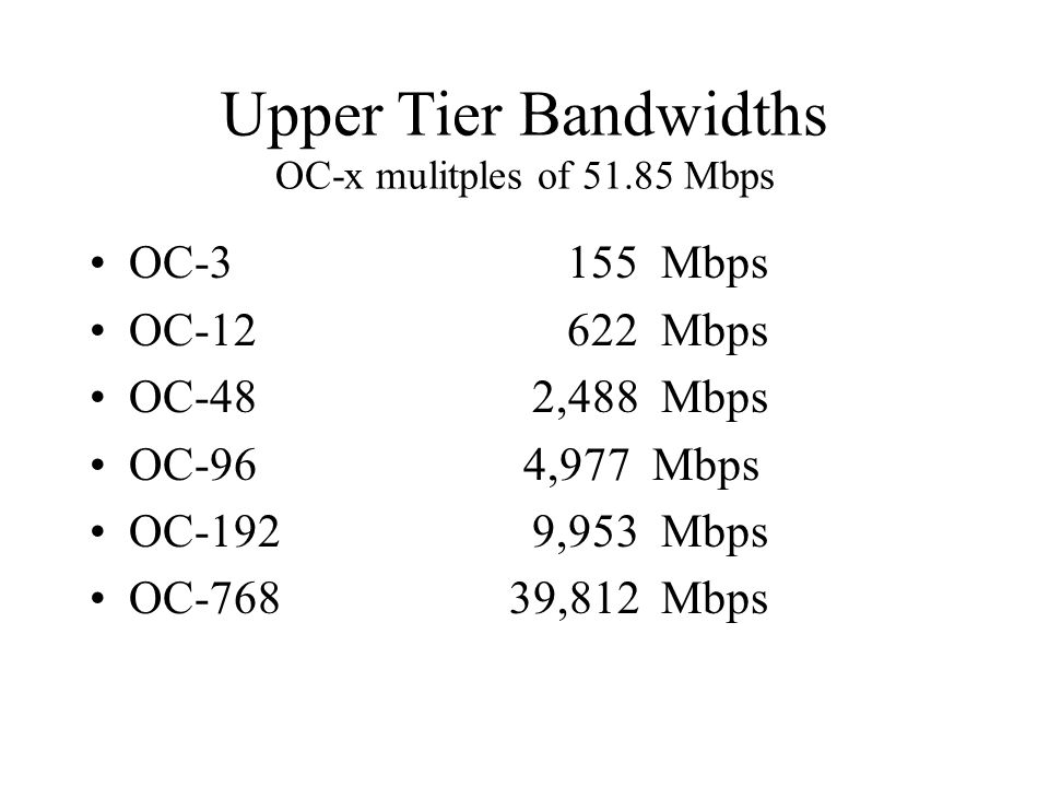 Upper Tier Bandwidths OC-x mulitples of Mbps OC Mbps OC Mbps OC-48 2,488 Mbps OC-96 4,977 Mbps OC-192 9,953 Mbps OC-76839,812 Mbps