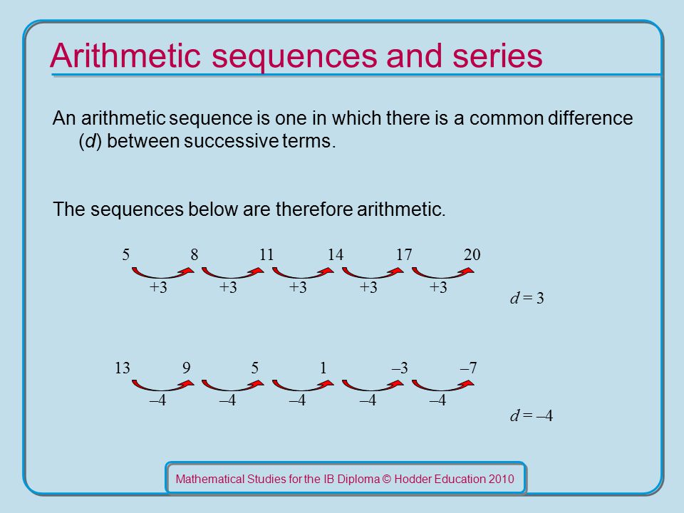 Mathematical Studies for the IB Diploma © Hodder Education 2010 Arithmetic sequences and series An arithmetic sequence is one in which there is a common difference (d) between successive terms.