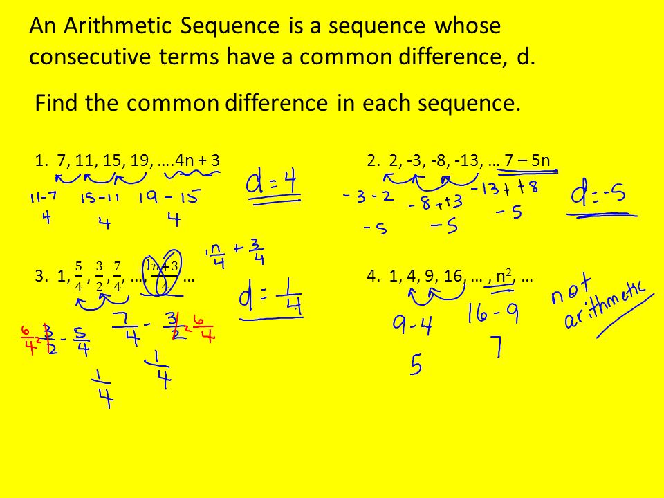 An Arithmetic Sequence is a sequence whose consecutive terms have a common difference, d.