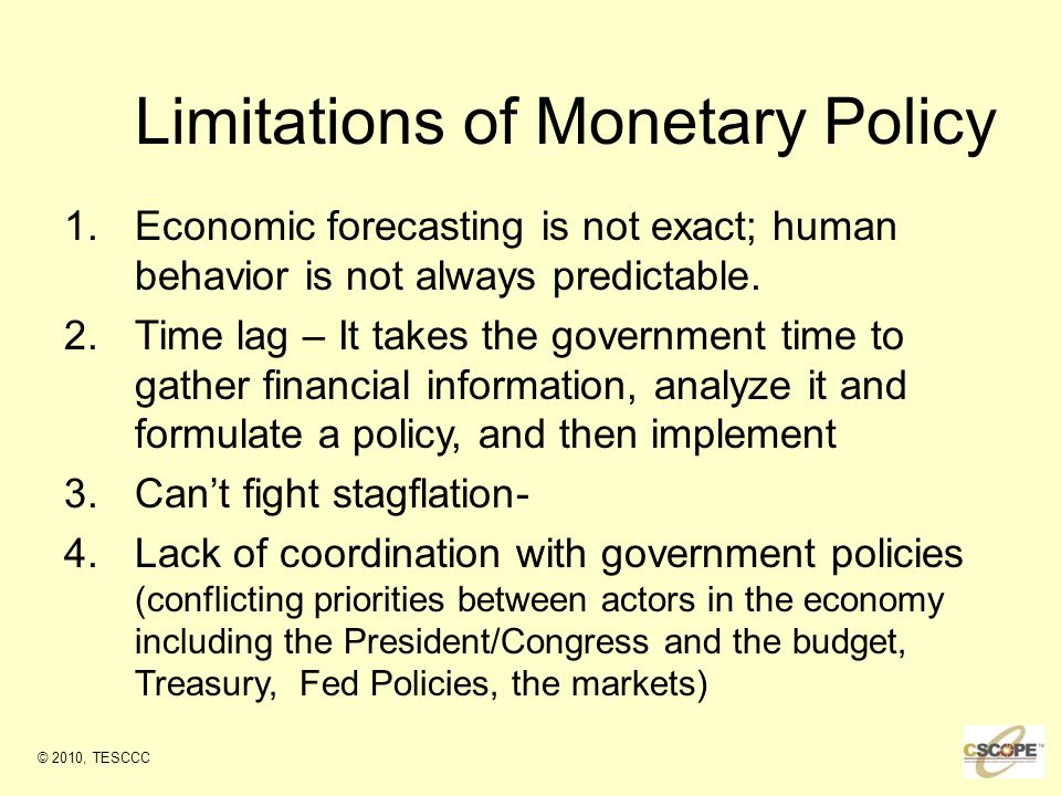 Limitations of Monetary Policy 1.Economic forecasting is not exact; human behavior is not always predictable.