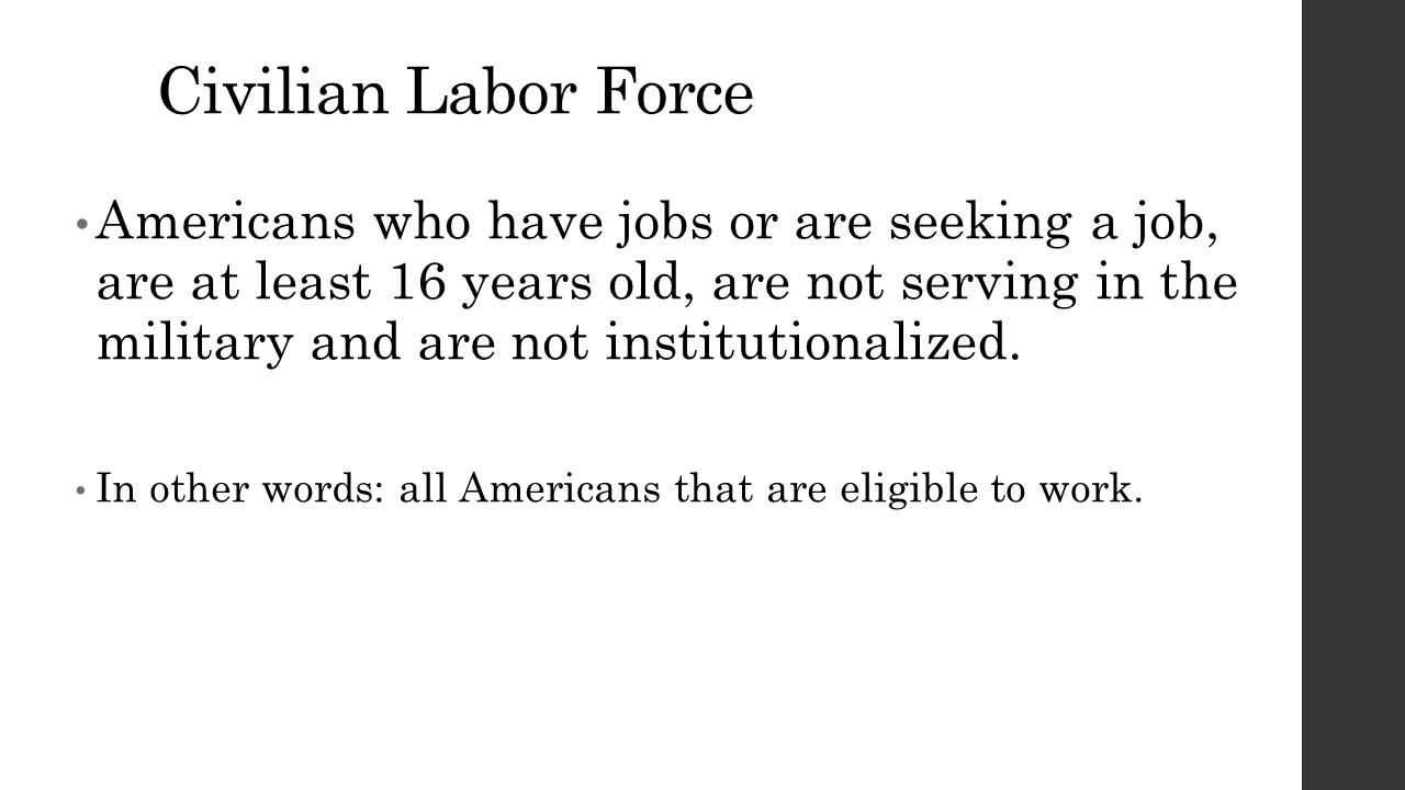 Civilian Labor Force Americans who have jobs or are seeking a job, are at least 16 years old, are not serving in the military and are not institutionalized.