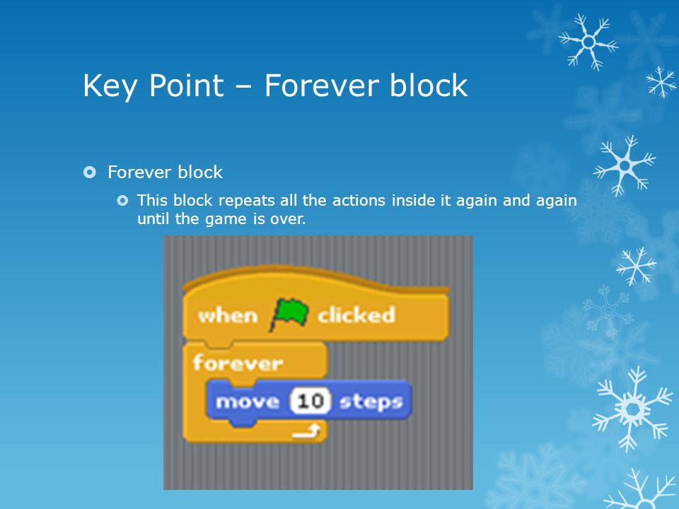 Key Point – Forever block  Forever block  This block repeats all the actions inside it again and again until the game is over.