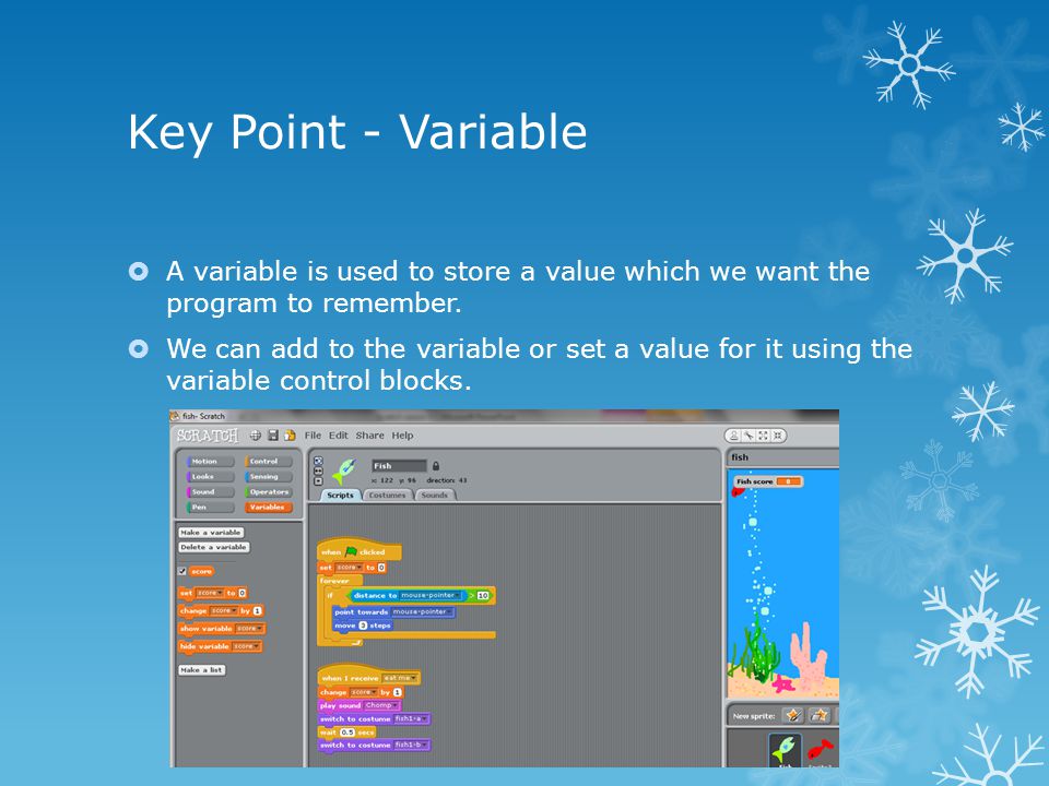 Key Point - Variable  A variable is used to store a value which we want the program to remember.