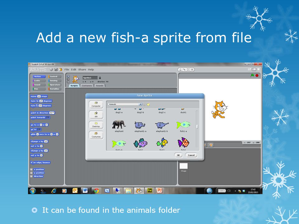 Add a new fish-a sprite from file  It can be found in the animals folder