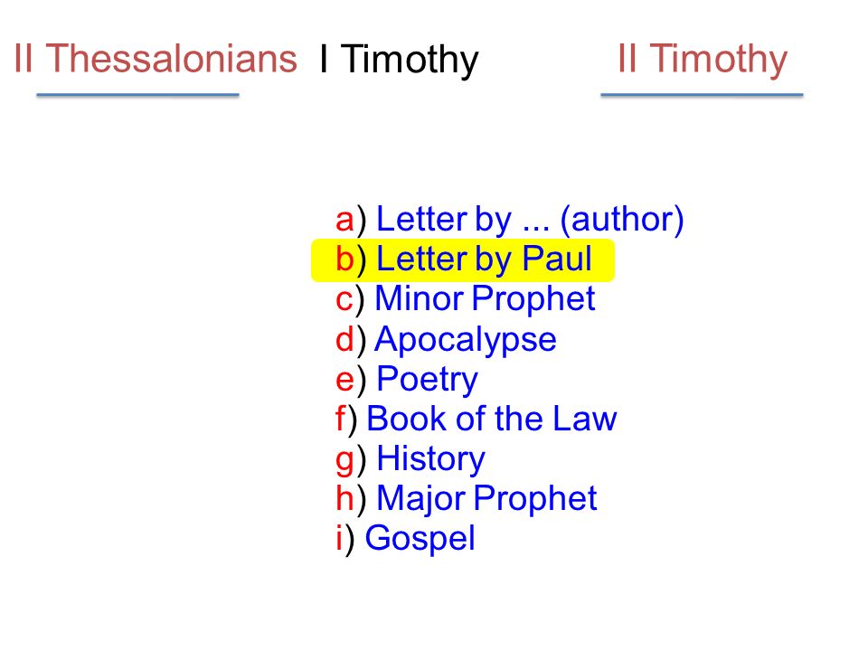 I Timothy a) Letter by...