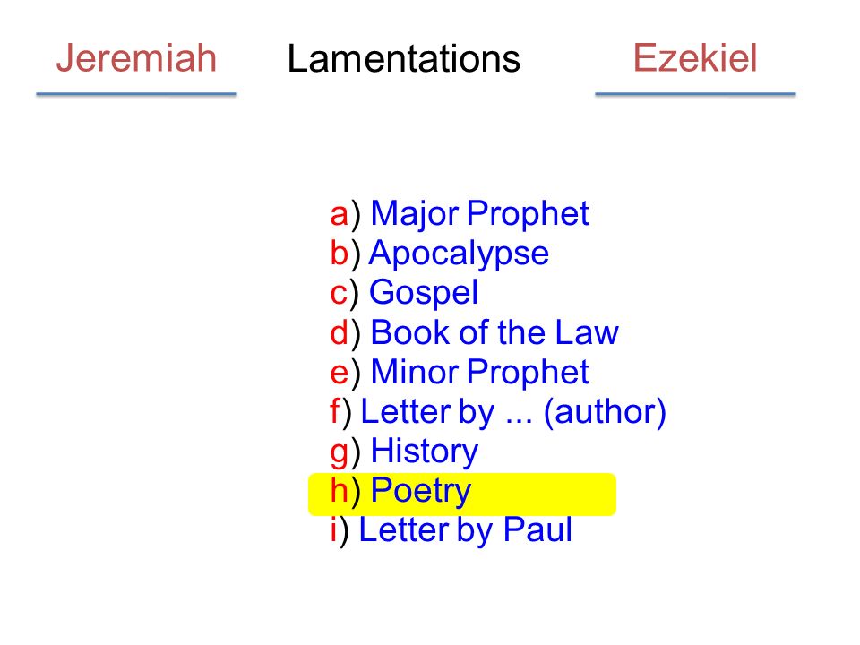 Lamentations a) Major Prophet b) Apocalypse c) Gospel d) Book of the Law e) Minor Prophet f) Letter by...